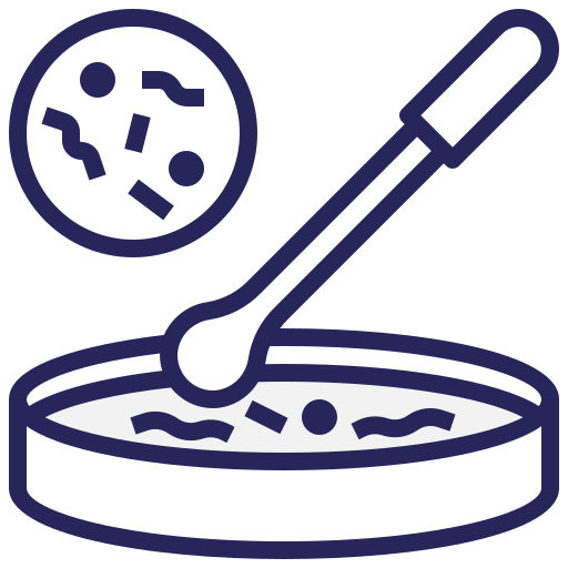Line drawing of a petri dish with a pipette and bacteria.