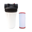 The Submicron Water Filter System for Whole House by Premiere Sales includes a durable water filter housing with a separate nanofiber filter cartridge, providing effective filtration at a flow rate of up to 10 GPM.