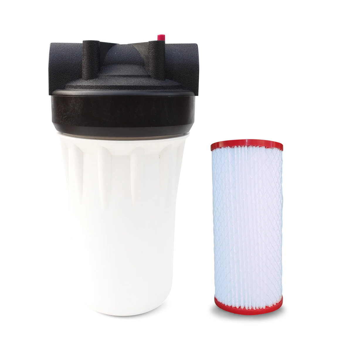 The Submicron Water Filter System for Whole House by Premiere Sales includes a durable water filter housing with a separate nanofiber filter cartridge, providing effective filtration at a flow rate of up to 10 GPM.