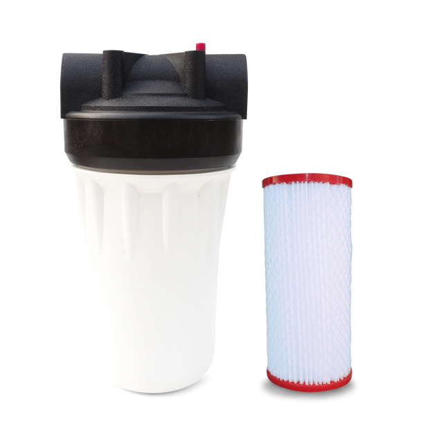 The Submicron Water Filter System for Whole House by Premiere Sales includes a durable water filter housing with a separate nanofiber filter cartridge, providing effective filtration at a flow rate of up to 10 GPM.