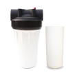 A Whole House Sediment Filter System from Premiere Sales, featuring a white housing with a black cap, is positioned next to a stack of 5-micron cylindrical filters. This system is designed for whole house sediment water filtering, efficiently removing dirt and rust at a flow rate of 20GPM.