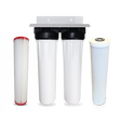 Image of the Premiere Sales Two Stage Whole House Bacteria Water Filtration System, showcasing two white filter housings and two distinct filter cartridges, one pleated and one cylindrical, set against a white background. This advanced system ensures that your home's water is clean and safe for everyday use.