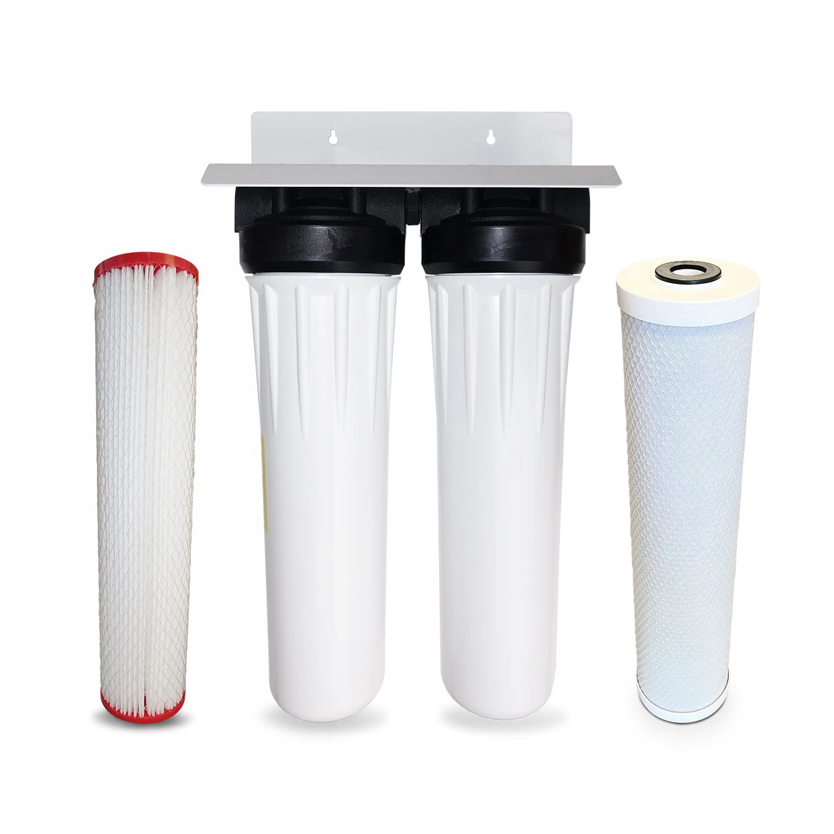 Image of the Premiere Sales Two Stage Whole House Bacteria Water Filtration System, showcasing two white filter housings and two distinct filter cartridges, one pleated and one cylindrical, set against a white background. This advanced system ensures that your home's water is clean and safe for everyday use.