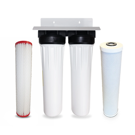Image of the Premiere Sales Two Stage Whole House Bacteria Water Filtration System, showcasing two white filter housings and two distinct filter cartridges, one pleated and one cylindrical, set against a white background. This advanced system ensures that your home's water is clean and safe for everyday use.