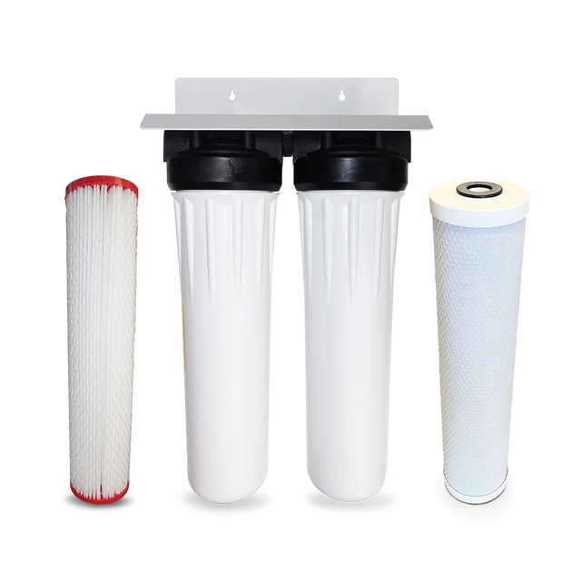 Image of the Premiere Sales Two Stage Whole House Bacteria Water Filtration System, showcasing two white filter housings and two distinct filter cartridges, one pleated and one cylindrical, set against a white background. This advanced system ensures that your home's water is clean and safe for everyday use.