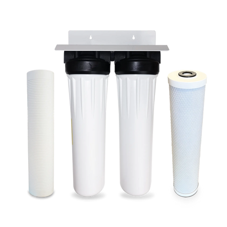 The Premiere Sales Two Stage Whole House Water Filter for Sediment & Chlorine with Scale Inhibitor includes two white filter housings mounted on a bracket for effective chlorine reduction, and features separate cartridges equipped with a scale inhibitor on each side to ensure optimal water quality throughout your home.