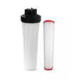 Against a plain background, the Submicron Water Filter System for Whole House - 20 GPM by Premiere Sales is displayed, featuring a white water filter housing alongside a cylindrical nanofiber filter cartridge with distinct red ends.
