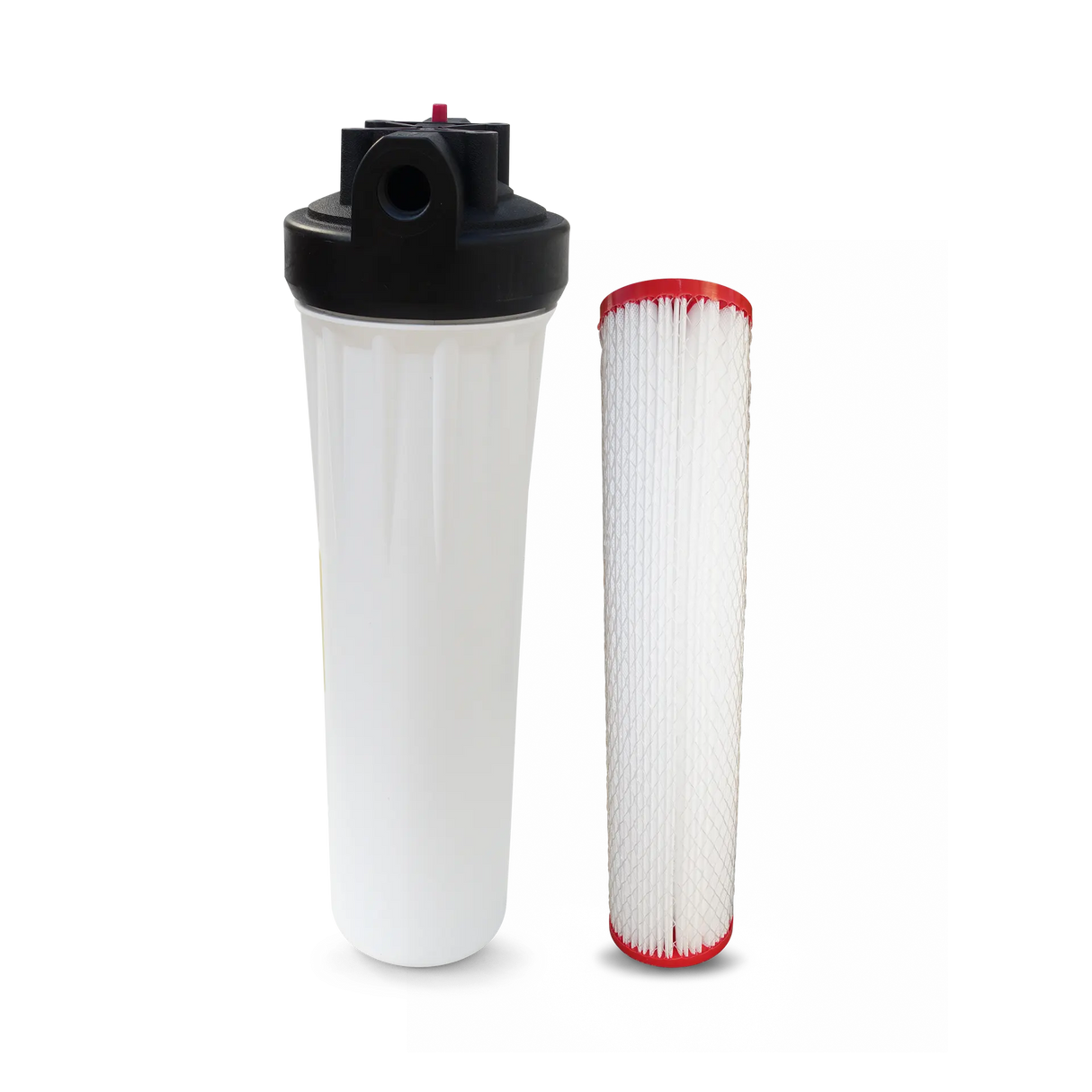 Against a plain background, the Submicron Water Filter System for Whole House - 20 GPM by Premiere Sales is displayed, featuring a white water filter housing alongside a cylindrical nanofiber filter cartridge with distinct red ends.