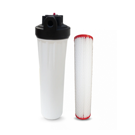 Against a plain background, the Submicron Water Filter System for Whole House - 20 GPM by Premiere Sales is displayed, featuring a white water filter housing alongside a cylindrical nanofiber filter cartridge with distinct red ends.