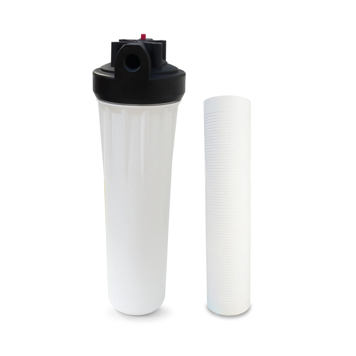 Premier Sales presents the Whole House Sediment Water Filter System with a 5 Micron Sediment Filter, designed to effectively remove sediment and rust while ensuring an outstanding flow rate of 40GPM throughout your home. The system features a filter housing and a separate cylindrical cartridge, all set against a white background.