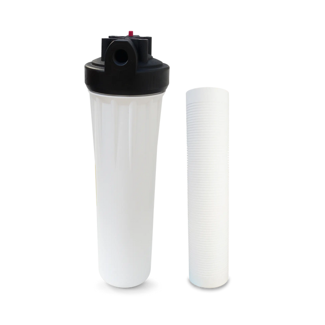 Premier Sales presents the Whole House Sediment Water Filter System with a 5 Micron Sediment Filter, designed to effectively remove sediment and rust while ensuring an outstanding flow rate of 40GPM throughout your home. The system features a filter housing and a separate cylindrical cartridge, all set against a white background.