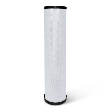 The 20" x 4.5" Catalytic Carbon Water Filter from Premiere Sales is a cylindrical activated carbon block cartridge featuring a textured white surface and a black ring at the top, designed for superior chlorine taste and odor reduction as well as lead and heavy metal removal down to 0.5 microns.