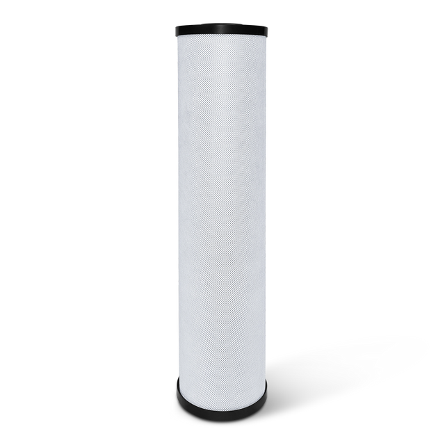 The 20" x 4.5" Catalytic Carbon Water Filter from Premiere Sales is a cylindrical activated carbon block cartridge featuring a textured white surface and a black ring at the top, designed for superior chlorine taste and odor reduction as well as lead and heavy metal removal down to 0.5 microns.