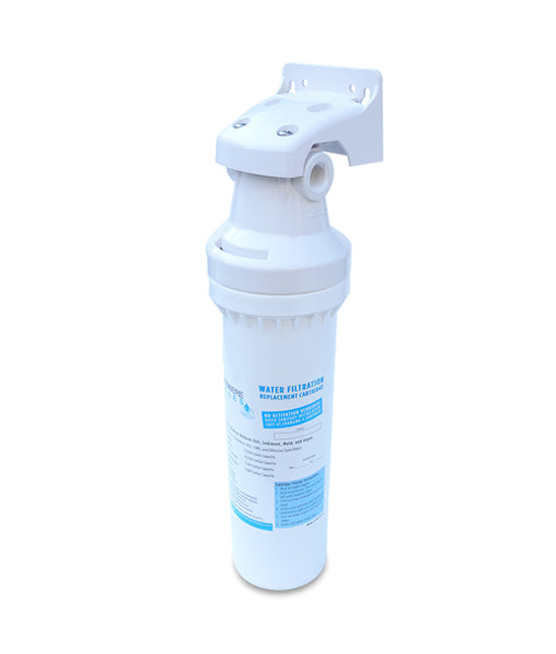 The Home Drinking Water Filtration System (Everpure H-300 Comparable) by Premiere Sales is a white device with a cylindrical filter casing and a top-mounted bracket, providing 0.5 micron filtration to effectively reduce chlorine and VOCs.