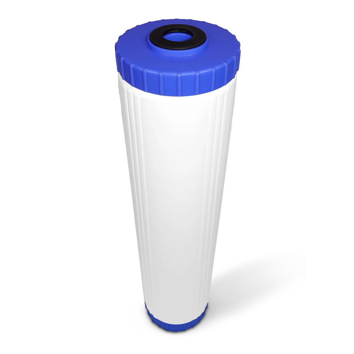Top view of 20" x 4.5" GAC filter cartridge with scale inhibitor - white cylindrical design with blue cap, compatible with Big Blue housings for chlorine removal and hard water scale prevention