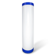 A tall, cylindrical white plastic container with a blue screw-on lid stands upright against a plain background. This 20" x 4.5" high-capacity granular activated carbon (GAC) filter cartridge features universal fit capabilities for easy integration.