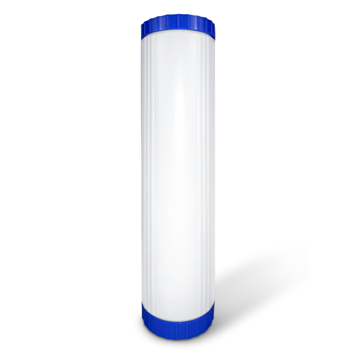 A tall, cylindrical white plastic container with a blue screw-on lid stands upright against a plain background. This 20" x 4.5" high-capacity granular activated carbon (GAC) filter cartridge features universal fit capabilities for easy integration.