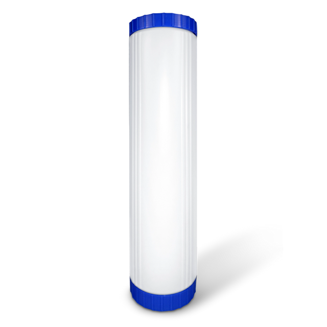 A tall, cylindrical white plastic container with a blue screw-on lid stands upright against a plain background. This 20" x 4.5" high-capacity granular activated carbon (GAC) filter cartridge features universal fit capabilities for easy integration.