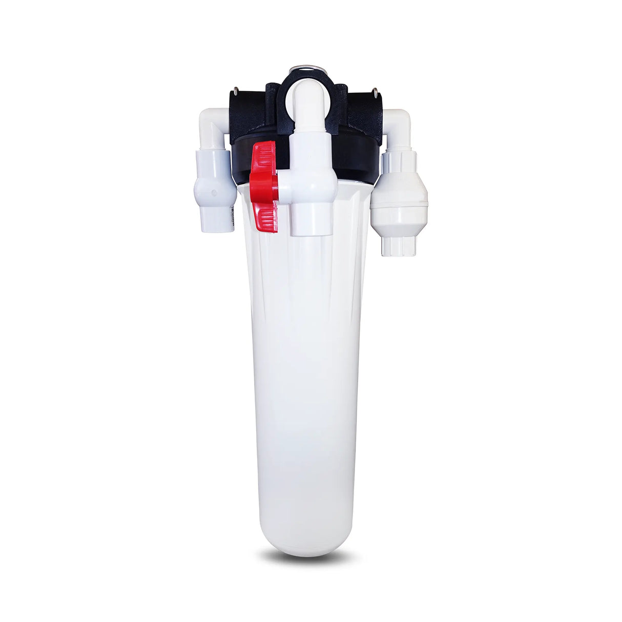 A white Ultrafiltration Well Water Filter System by Premiere Sales, featuring black and red connectors, is showcased against a plain background. This product incorporates a 0.02 micron ultrafiltration membrane for high flow rate performance, designed for whole house filtration to remove bacteria and sediment.