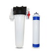 Two white cartridges from the Premiere Sales Ultrafiltration Well Water Filter System stand side by side: one with a black top and red valve, the other with a blue accent. Both feature an ultrafiltration membrane for effective purification, ensuring a high flow rate for superior performance.