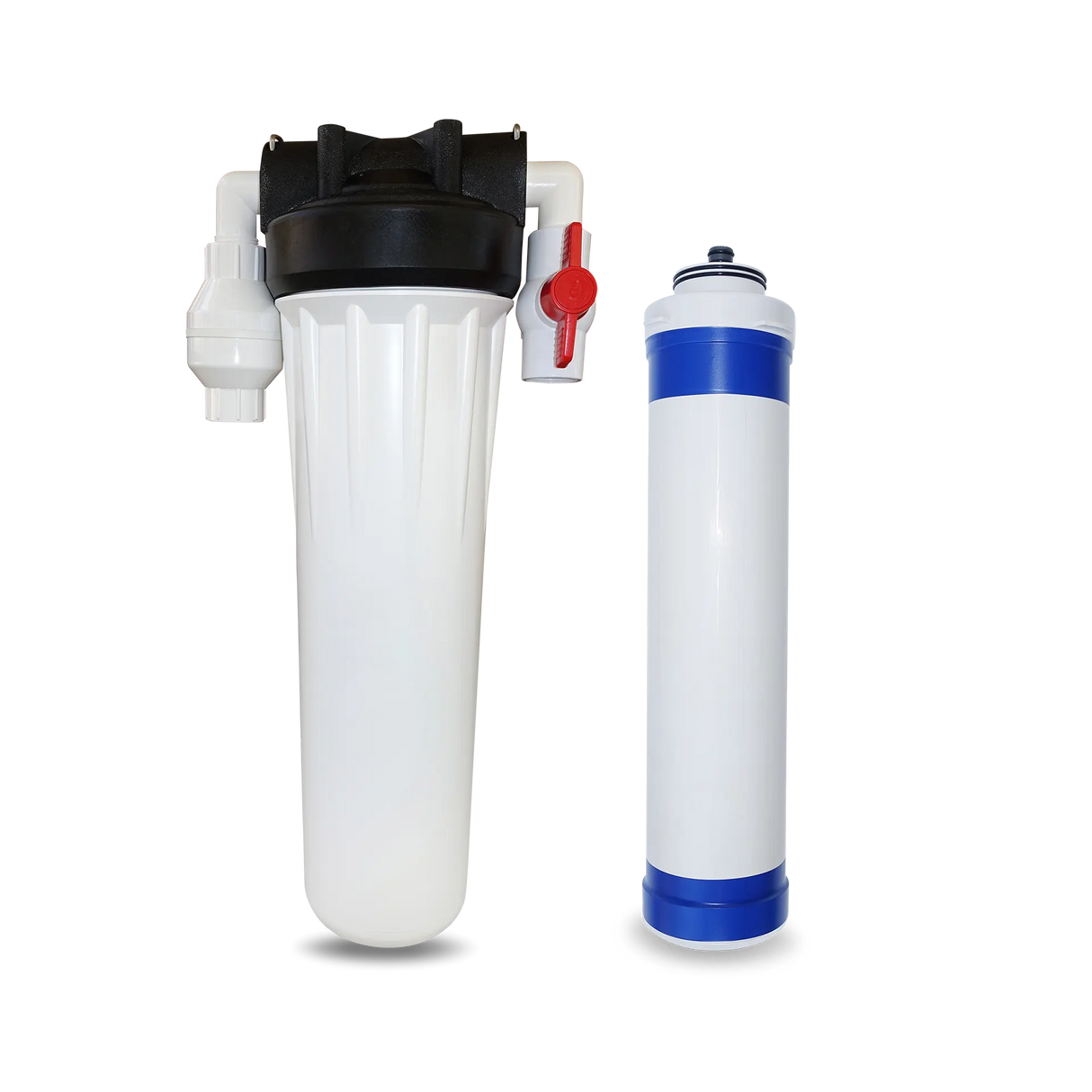Two white cartridges from the Premiere Sales Ultrafiltration Well Water Filter System stand side by side: one with a black top and red valve, the other with a blue accent. Both feature an ultrafiltration membrane for effective purification, ensuring a high flow rate for superior performance.