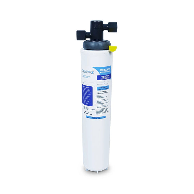 Introducing the Premiere Sales Filtered Water System, comparable to the Body Glove Water Filter BG-12000/BG-6000FF. This pharmaceutical-grade filtration system features a cylindrical water filter cartridge with a black cap and a yellow lever, along with a blue and white label detailing instructions and specifications. Ensure the highest quality water for your filtered water system with this top-tier product.