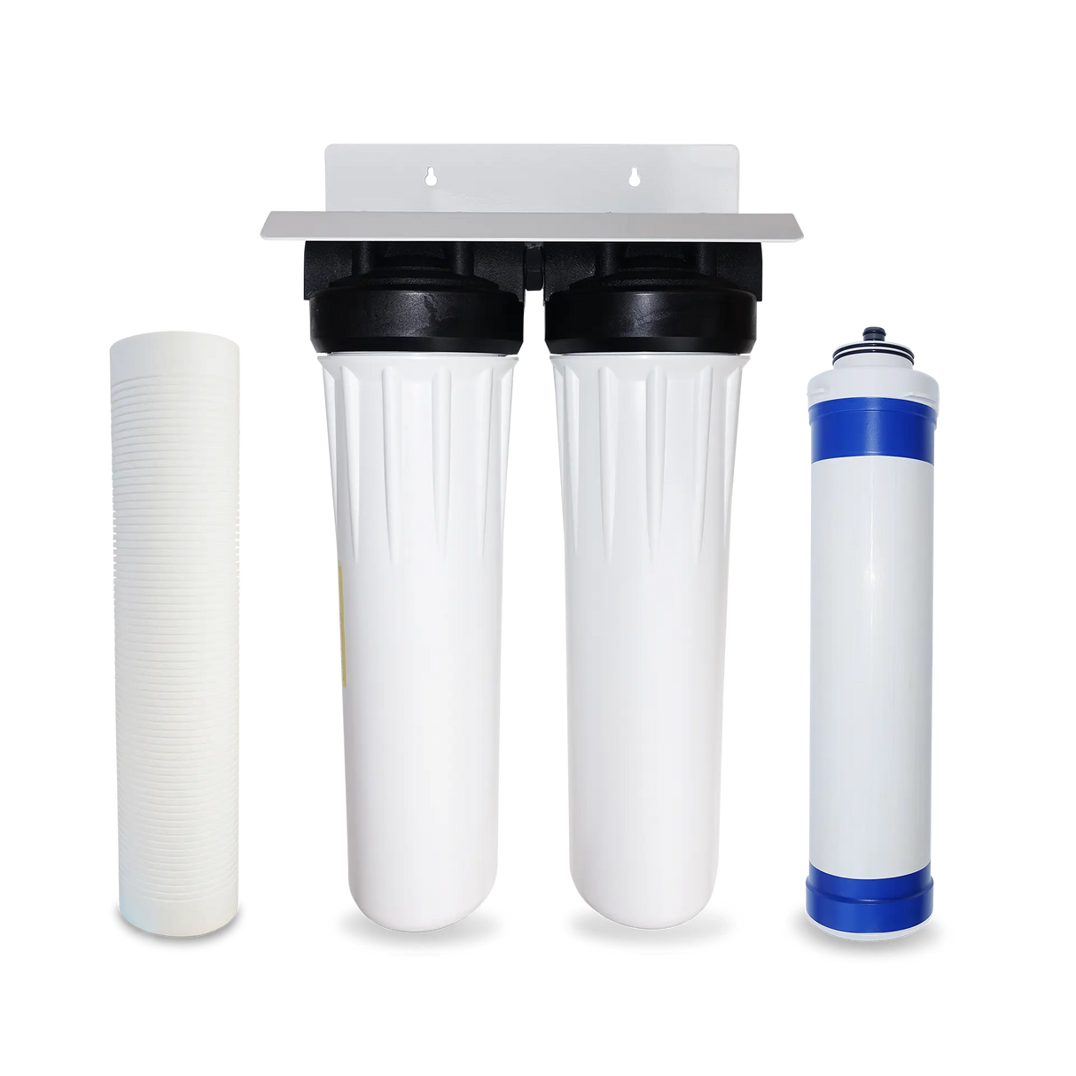 Presenting the Premiere Sales Water Softener Alternative / Pre-Filter for Commercial Reverse Osmosis, which includes two white filter housing units, a white cylindrical sediment filter, and a blue and white filter cartridge designed for optimal purification efficiency.