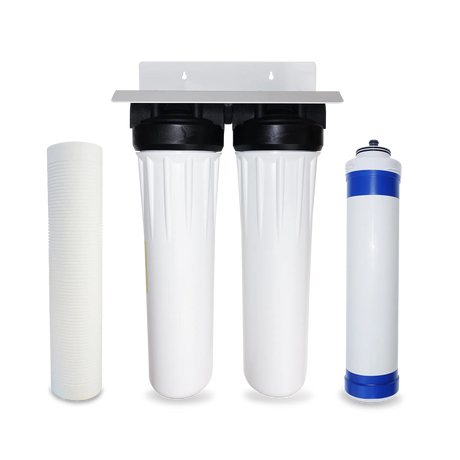 Presenting the Premiere Sales Water Softener Alternative / Pre-Filter for Commercial Reverse Osmosis, which includes two white filter housing units, a white cylindrical sediment filter, and a blue and white filter cartridge designed for optimal purification efficiency.