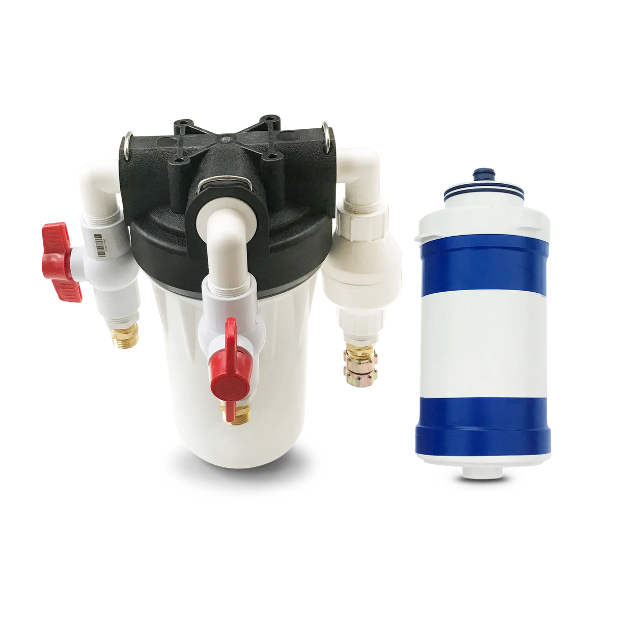 The Ultrafiltration RV Water Filter System by Premiere Sales, featuring a black and white main body complete with several valves and connectors, along with a distinct blue and white cylindrical filter cartridge, is ideal for ensuring clean water in your RV by removing bacteria and viruses.