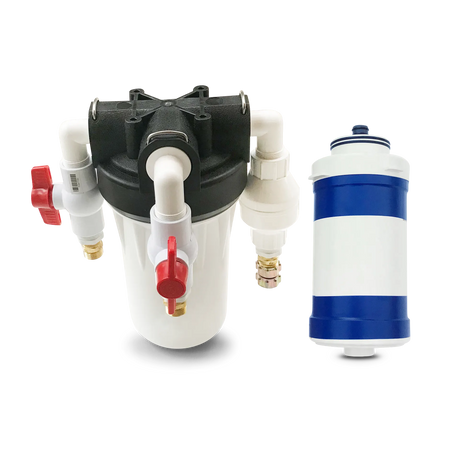The Ultrafiltration RV Water Filter System by Premiere Sales, featuring a black and white main body complete with several valves and connectors, along with a distinct blue and white cylindrical filter cartridge, is ideal for ensuring clean water in your RV by removing bacteria and viruses.