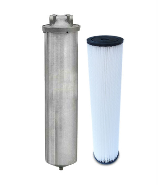 A Premiere Sales Stainless Steel Whole House Water Filter with a Submicron Filtration Cartridge is displayed, highlighting an effective water filtration system for your entire home.