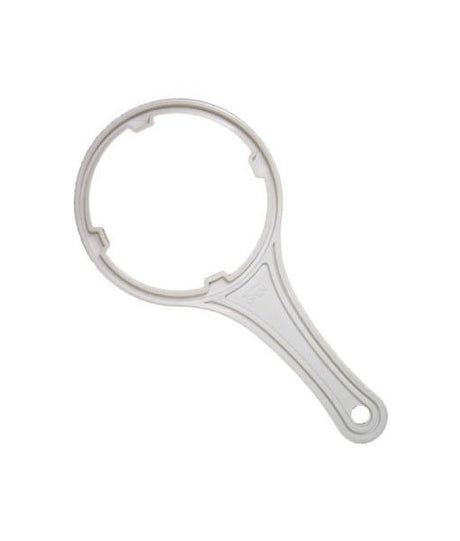 The Premiere Sales Water Filter Wrench is made from white plastic and features a round opening with an ergonomic handle, perfect for tightening or loosening circular items such as water filtration system housings.