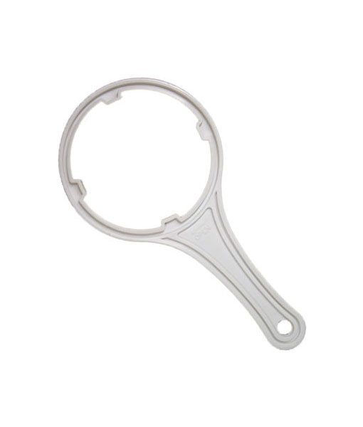 The Premiere Sales Water Filter Wrench is made from white plastic and features a round opening with an ergonomic handle, perfect for tightening or loosening circular items such as water filtration system housings.