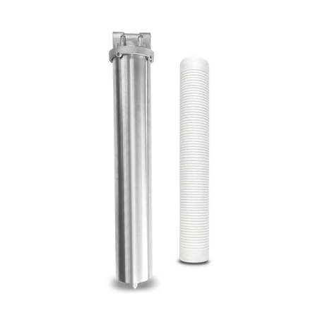 Introducing the Stainless Steel Water Filter System by Premiere Sales, featuring a separate cylindrical white filter cartridge specifically designed to serve as an effective scale inhibitor, ensuring optimal protection and performance for your tankless water heater.