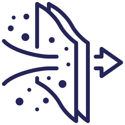 An abstract illustration of an air filter, with particles entering on the left and cleaner air exiting on the right.