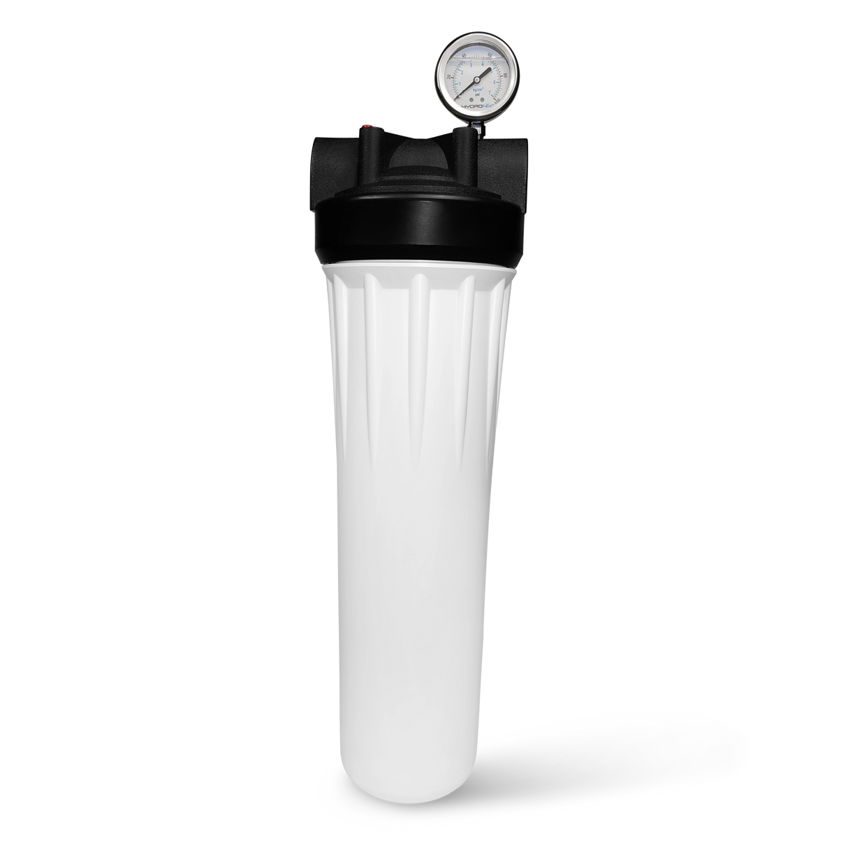 Front view of granular activated carbon water filter system with scale inhibitor with water pressure gauge on top of housing