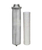 The Stainless Steel Whole House Water Filter with Sediment Filter by Premiere Sales is elegantly presented next to a collection of white cylindrical 5-micron sediment filter cartridges.