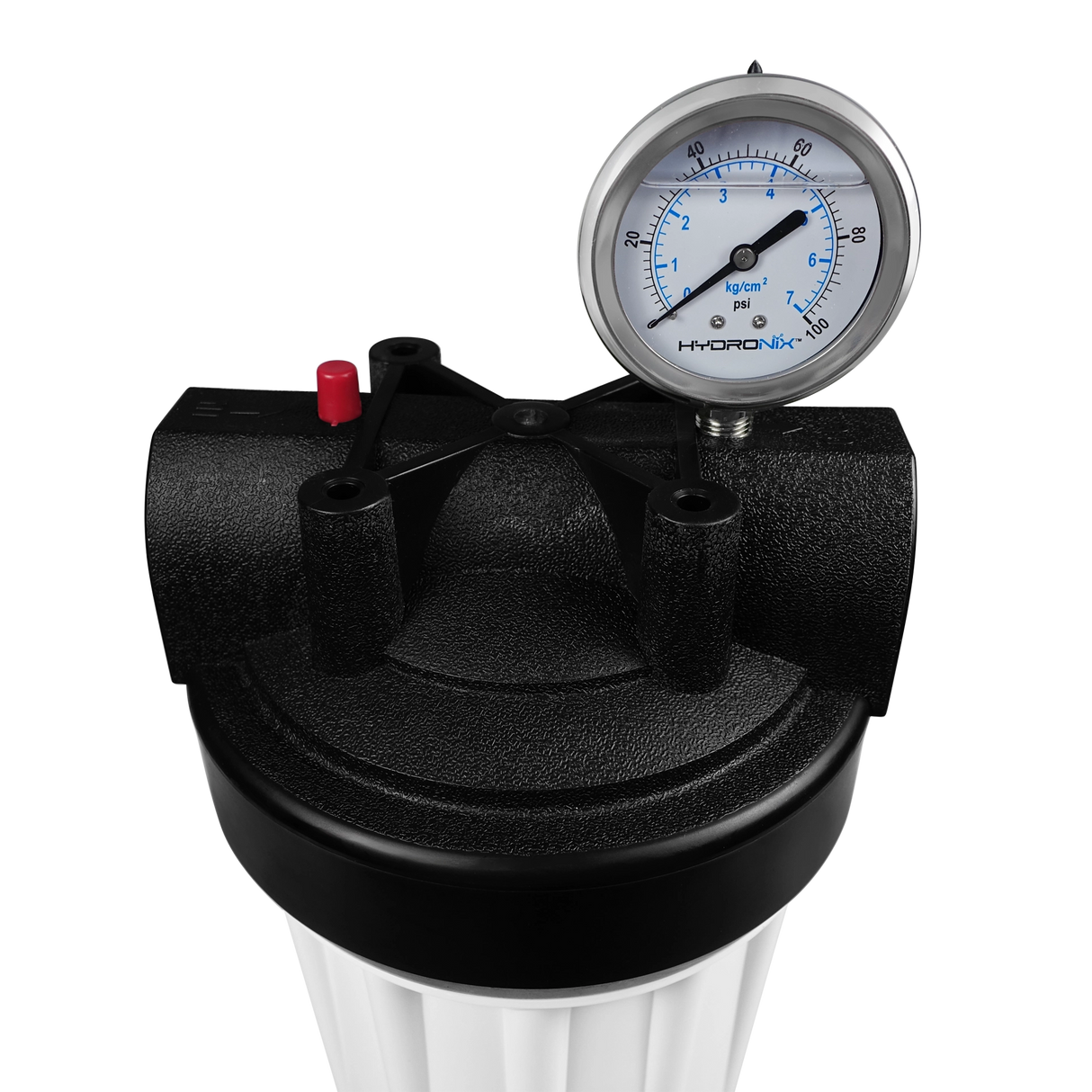 Black water filter head with water pressure gauge for monitoring the performance of the granular activated carbon water filter system with scale prevention