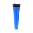 Blue water filter housing with a black top next to a white cylindrical filter cartridge on a plain background, which is the AMF-20S  20" water filter system for tankless water heaters to remove sediment and inhibit scale.