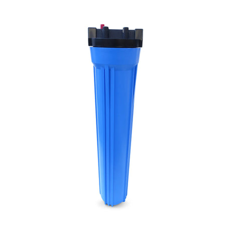 Blue water filter housing with a black top next to a white cylindrical filter cartridge on a plain background, which is the AMF-20S  20" water filter system for tankless water heaters to remove sediment and inhibit scale.