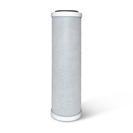 10" x 2.5" 5 Micron Activated Coconut Carbon Block Replacement Water Filter with Scale Inhibitor features a cylindrical design with a white mesh exterior, flat white end caps on both ends, and an activated coconut shell carbon block for enhanced filtration.