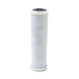 The Premier Sales 10" x 2.5" 5 Micron Activated Coconut Carbon Block Replacement Water Filter with Scale Inhibitor features a cylindrical design with a white mesh exterior, flat white end caps on both ends, and an activated coconut shell carbon block for enhanced filtration.