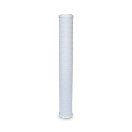 A 20" x 2.5" cylindrical white water filter with a textured surface, the Premiere Sales 5 Micron Activated Coconut Carbon Block Filter with Scale Inhibitor is designed for installation in filtration systems and offers high capacity and efficient scale control.