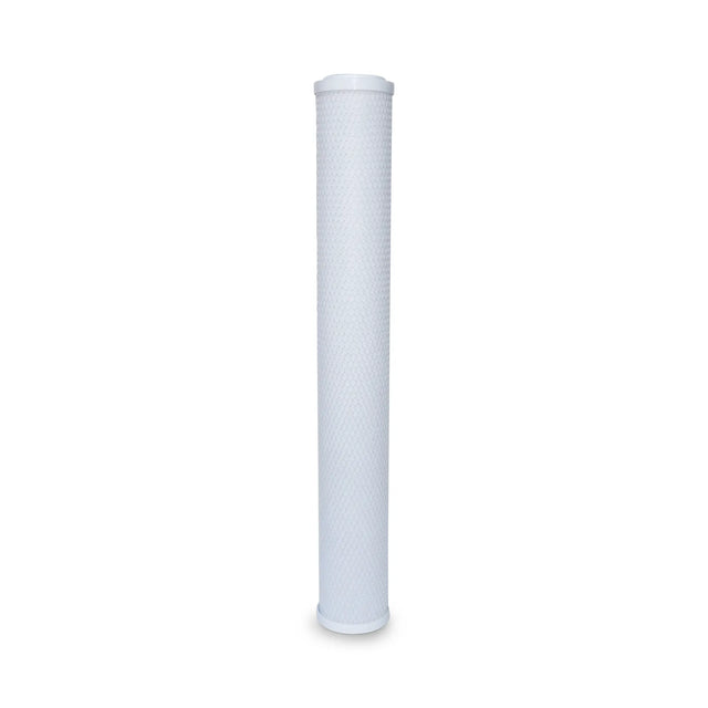 A 20" x 2.5" cylindrical white water filter with a textured surface, the Premiere Sales 5 Micron Activated Coconut Carbon Block Filter with Scale Inhibitor is designed for installation in filtration systems and offers high capacity and efficient scale control.