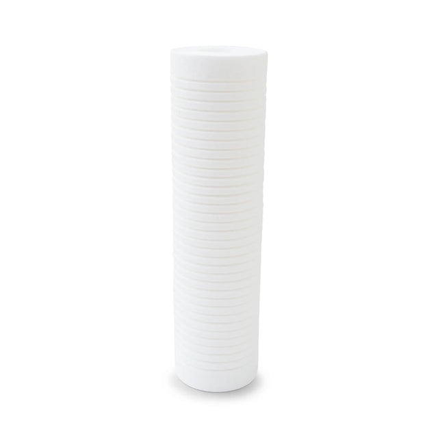 The Premiere Sales 10" x 2.5" Grooved Fine Sediment Filter (1 Micron) with Scale Inhibitor is a tall, cylindrical white plastic filter featuring horizontal ridges designed for effective anti-scale action.