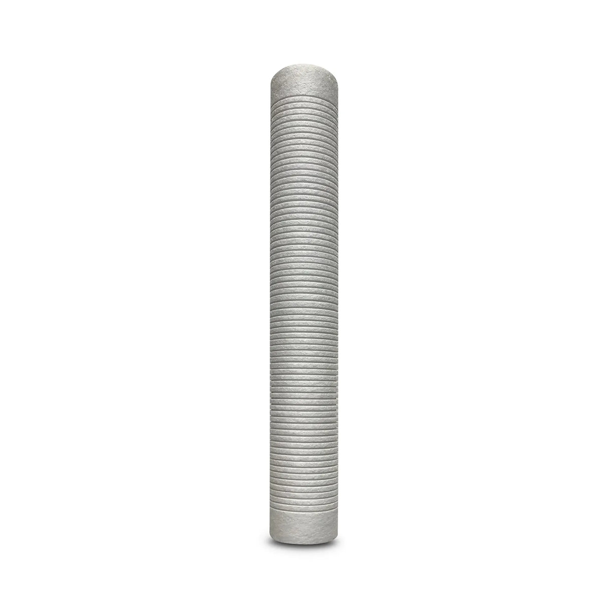 A cylindrical, grooved grey object, the 20" x 2.5" Grooved Fine Sediment Replacement Filter (1 Micron) with Scale Inhibitor from Premiere Sales, stands upright against a white background, embodying the sleek efficiency of modern tankless water heaters.