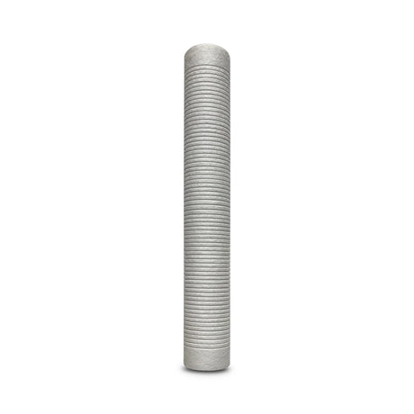 A cylindrical, grooved grey object, the 20" x 2.5" Grooved Fine Sediment Replacement Filter (1 Micron) with Scale Inhibitor from Premiere Sales, stands upright against a white background, embodying the sleek efficiency of modern tankless water heaters.