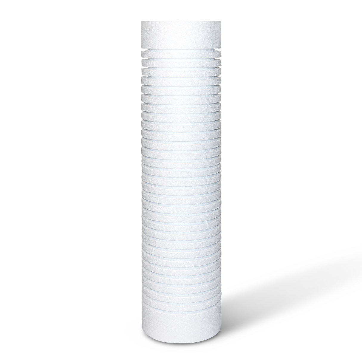 10" x 2.5" Grooved Fine Sediment Filter (5 Micron) with Scale Inhibitor is a tall, cylindrical white plastic filter featuring horizontal ridges designed for effective anti-scale action.