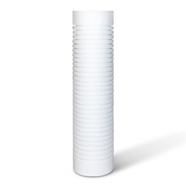10" x 2.5" Grooved Fine Sediment Filter (5 Micron) with Scale Inhibitor is a tall, cylindrical white plastic filter featuring horizontal ridges designed for effective anti-scale action.