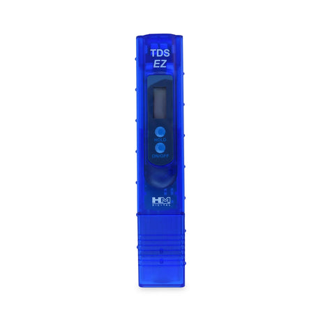 A blue handheld pocket meter with a display screen and buttons labeled "HOLD" and "ON/OFF." The device, branded “Digital Handheld Pocket TDS Meter” by Premiere Sales, accurately measures Total Dissolved Solids (TDS) for applications like reverse osmosis.